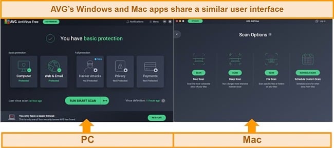 Screenshot of AVG's Mac and Windows apps user interfaces