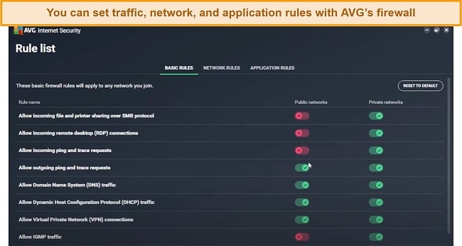 Screenshot of AVG firewall's rule list