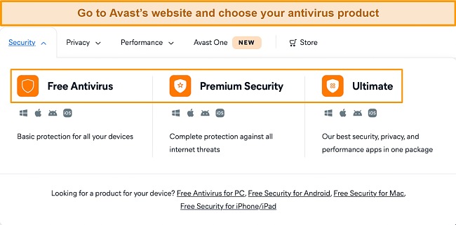 Screenshot of Avast's antivirus products listed on its websites