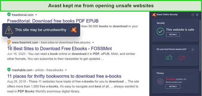 Screenshot of Avast's browser extension marking an unsafe website
