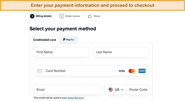 Screenshot of Avast's checkout page