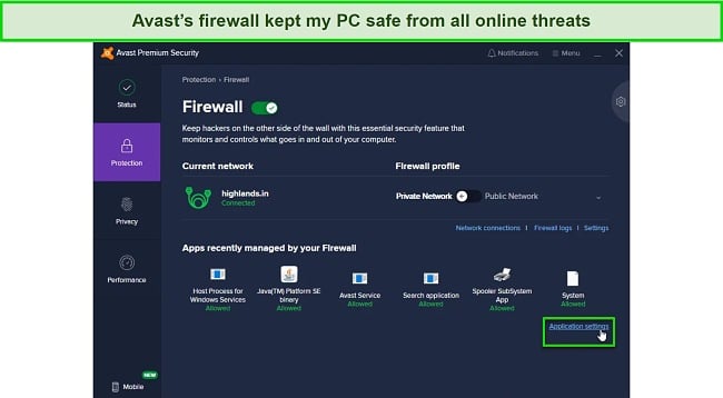 Screenshot of Avast's firewall dashboard