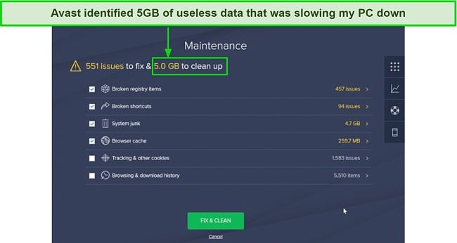 Screenshot of Avast's optimization tools