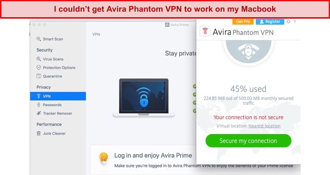 Screenshot of Avira's Phantom VPN not working on Mac