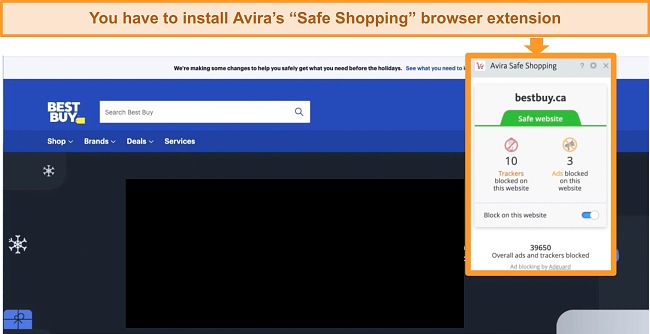 Screenshot of Avira's Safe Shopping browser extension