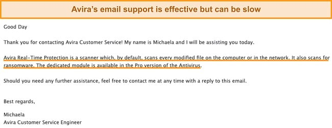 Screenshot of email received from Avira's support team