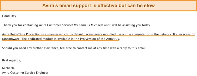 Screenshot of email received from Avira's support team