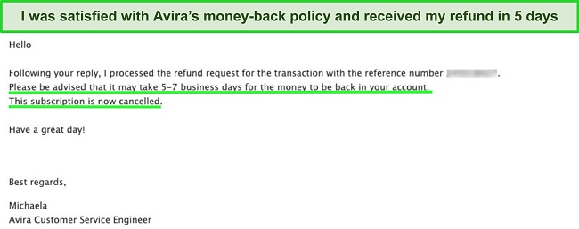 Screenshot of Avira's money-back guarantee