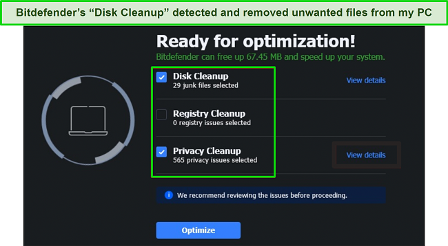 Screenshot of Bitdefender's optimization tool page