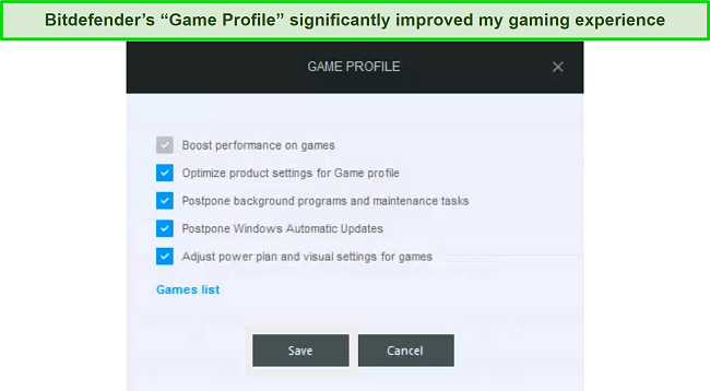 Screenshot of Bitdefender's Game Profile settings dashboard
