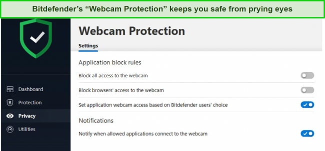 Screenshot of Bitdefender's Webcam Protection dashboard