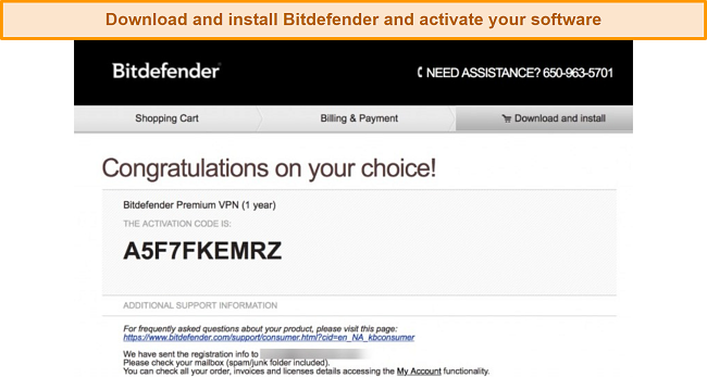 Screenshot of Bitdefender's activation code