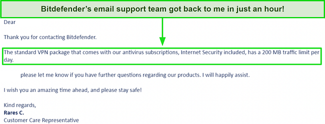 Screenshot of Bitdefender's customer support email reply