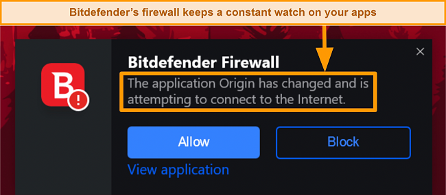 Screenshot of Bitdefender's firewall detecting an app trying to connect to the internet