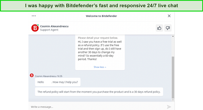 Screenshot of Bitdefender's live chat