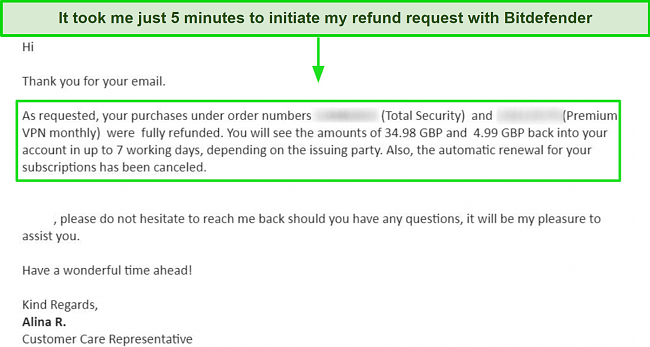 Screenshot of Bitdefender approving a refund request via email