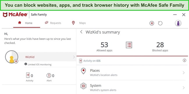 Screenshot of McAfee Safe Family user dashboard