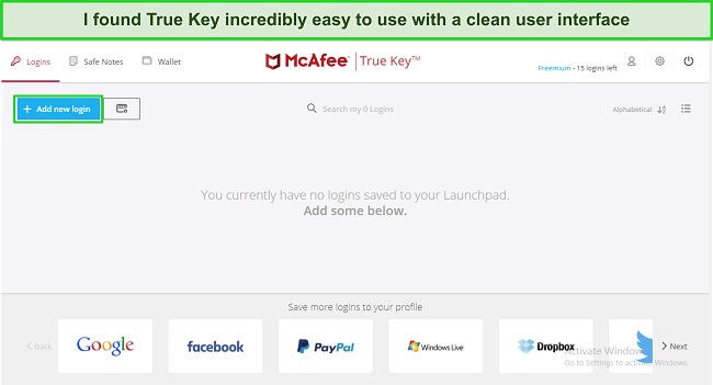 Screenshot of McAfee's True Key password manager dashboard