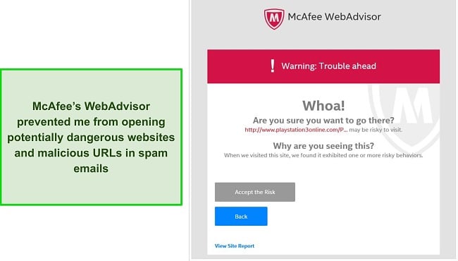Screenshot of McAfee's Web Advisor blocking a malicious website
