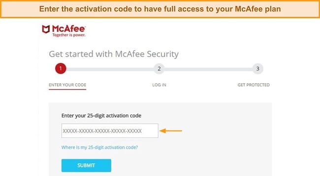Screenshot of McAfee's 25-digit activation code window