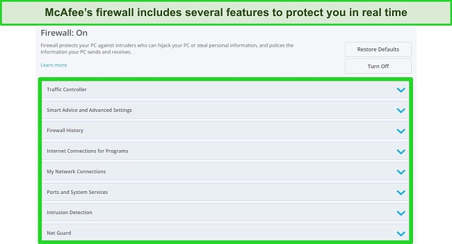 Screenshot of list of McAfee's firewall features