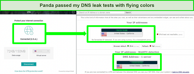Screenshot of Panda's DNS leak test results
