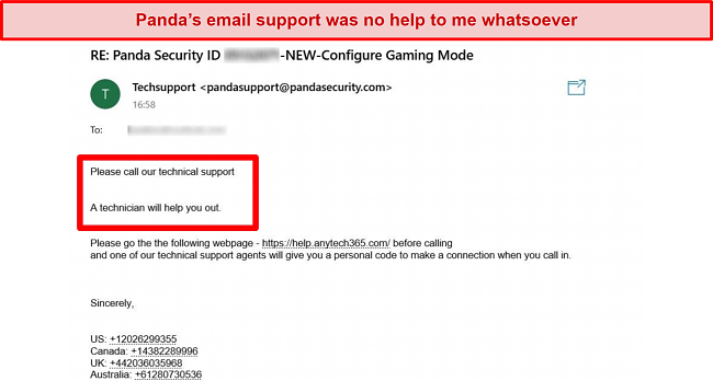 Screenshot of Panda's support team email reply