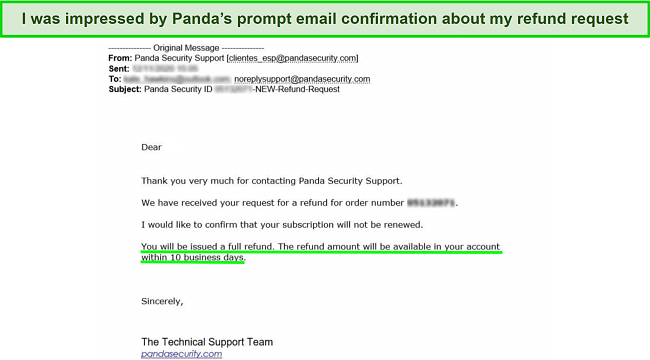 Screenshot of Panda's email confirmation about a refund request