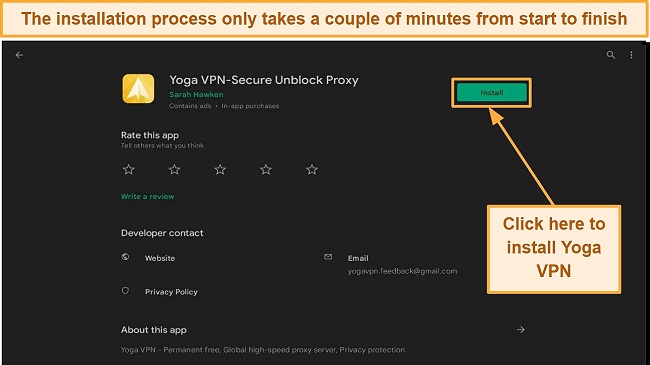 Screenshot of the Yoga VPN download page in the Android Play Store