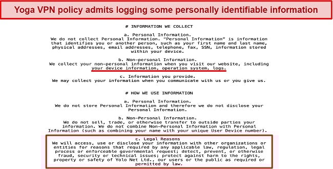 Screenshot of an excerpt from Yoga VPN's privacy policy