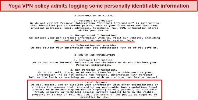 Screenshot of an excerpt from Yoga VPN's privacy policy