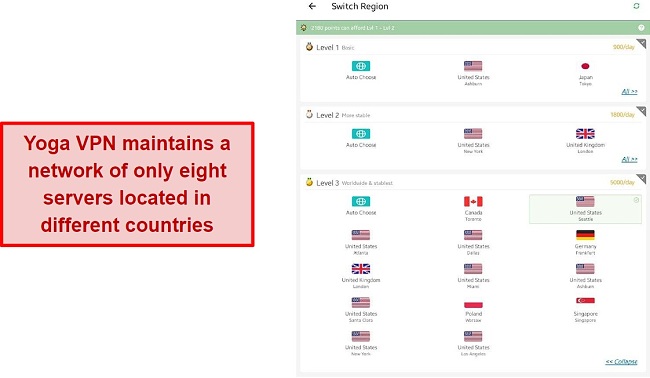 Screenshot of server locations supported by Yoga VPN network