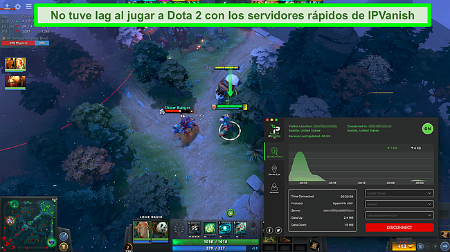 Captura de pantalla de un juego de Dota 2 mientras IPVanish está conectado.