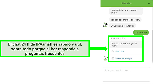 Captura de pantalla de un chat con el bot de soporte 24/7 de IPVanish.