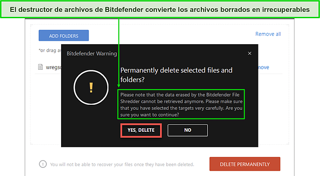 Captura de pantalla del asistente de destrucción de archivos de Bitdefender.