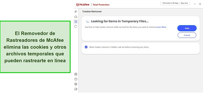 Reseña del antivirus McAfee destacando su herramienta de eliminación de rastreadores