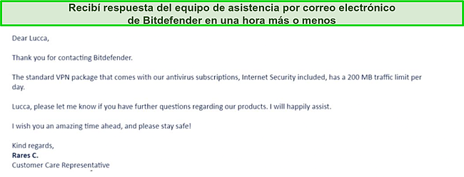 Captura de pantalla del correo electrónico del equipo de soporte de Bitdefender.