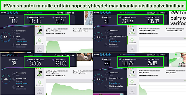 Kuvakaappaus neljästä nopeustestistä, kun se on yhdistetty eri IPVanish-palvelimiin.