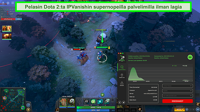 Kuvakaappaus Dota 2 -pelistä IPVanishin ollessa kytkettynä.