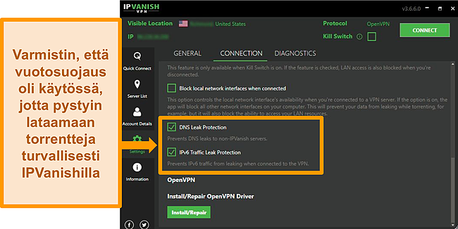Näyttökaappaus IPVanishin yhteysasetuksista, joissa näkyy vaihtoehtoja suojautua DNS- ja IPv6-vuodoilta.