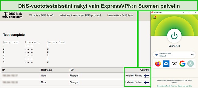 Kuvakaappaus onnistuneesta DNS-vuototestistä, kun ExpressVPN on yhdistetty palvelimeen Suomessa.