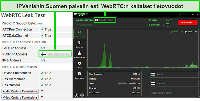 Kuvakaappaus IPVanishista, joka on yhdistetty palvelimeen Suomessa, kun WebRTC-vuototestin tulokset näkyvät.