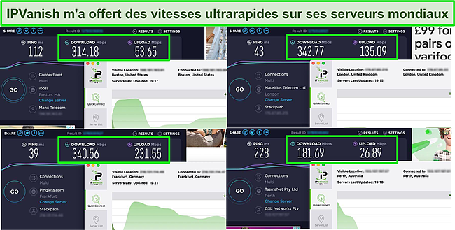 Capture d'écran de 4 tests de vitesse en étant connecté à divers serveurs IPVanish.