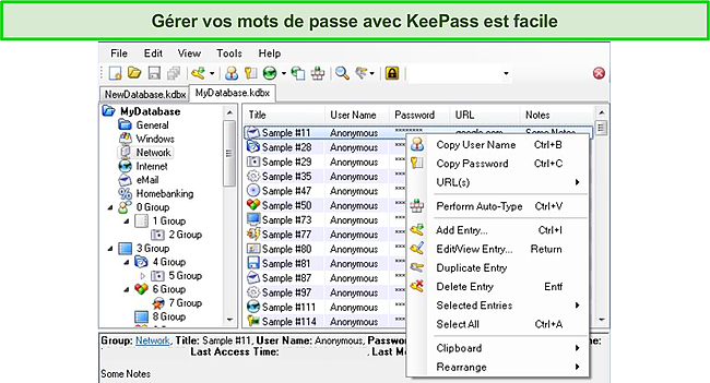 Capture d'écran du tableau de bord utilisateur de KeePass.