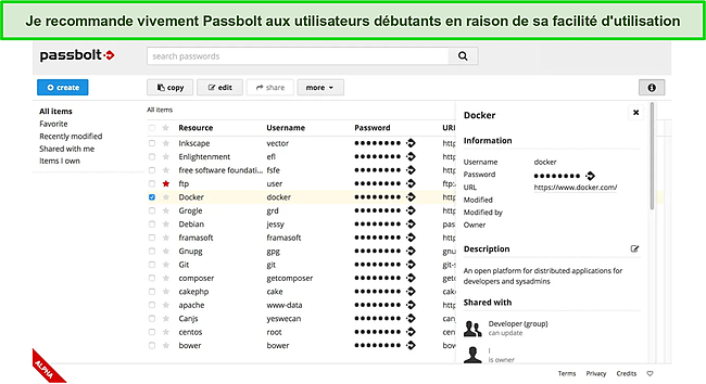 Capture d'écran de l'interface utilisateur conviviale de Passbolt.