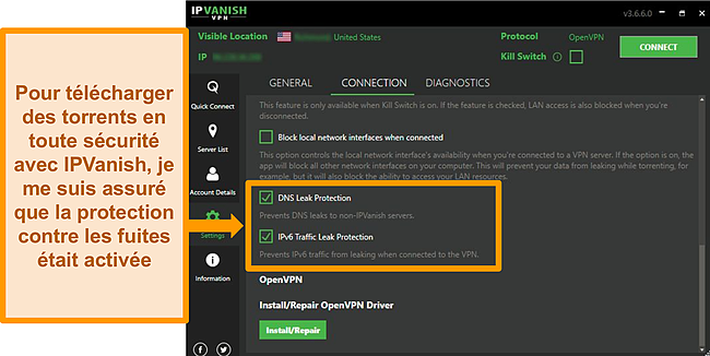 Capture d'écran des paramètres de connexion d'IPVanish montrant les options de protection contre les fuites DNS et IPv6.