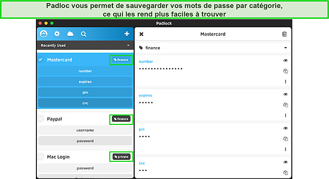 Capture d'écran du tableau de bord de Padloc avec les mots de passe enregistrés par catégories.