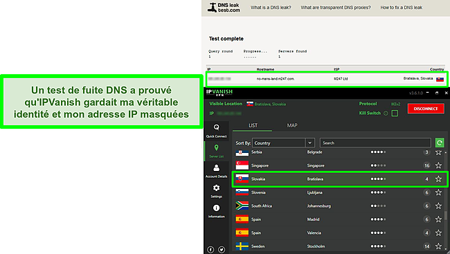 Capture d'écran d'un test de fuite DNS alors qu'IPVanish est connecté à un serveur en Slovaquie.