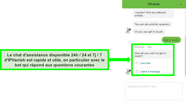 Capture d'écran d'une conversation avec le bot d'assistance 24h/24 et 7j/7 d'IPVanish.
