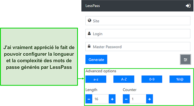 Capture d'écran du tableau de bord du générateur de mot de passe avancé de LessPass.